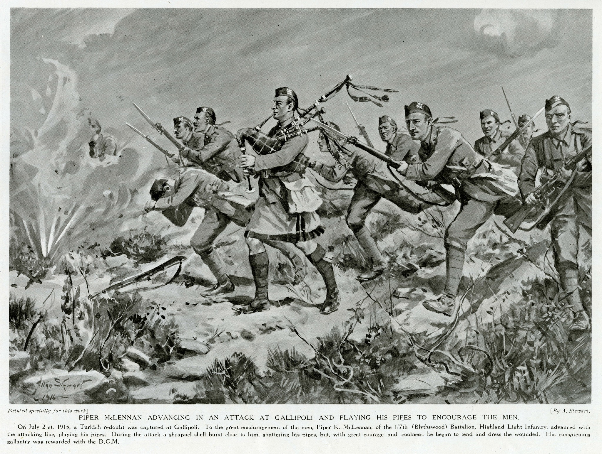 An illustration of the prigins of bagpipes being played during World War One