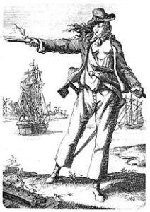 A black and white drawing of an Irish woman holding a gun.