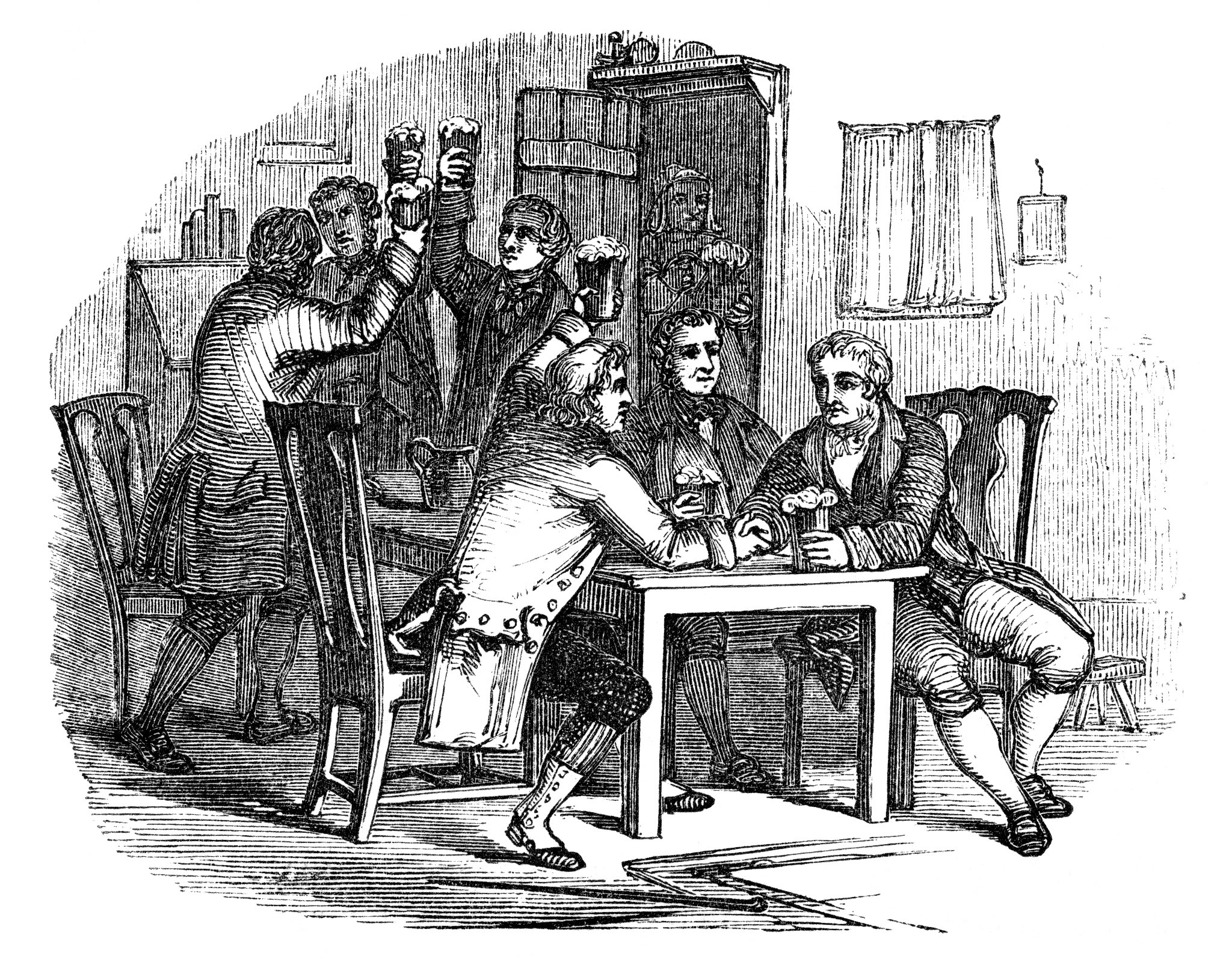 A black and white etching of men celebrating at a Burns Supper