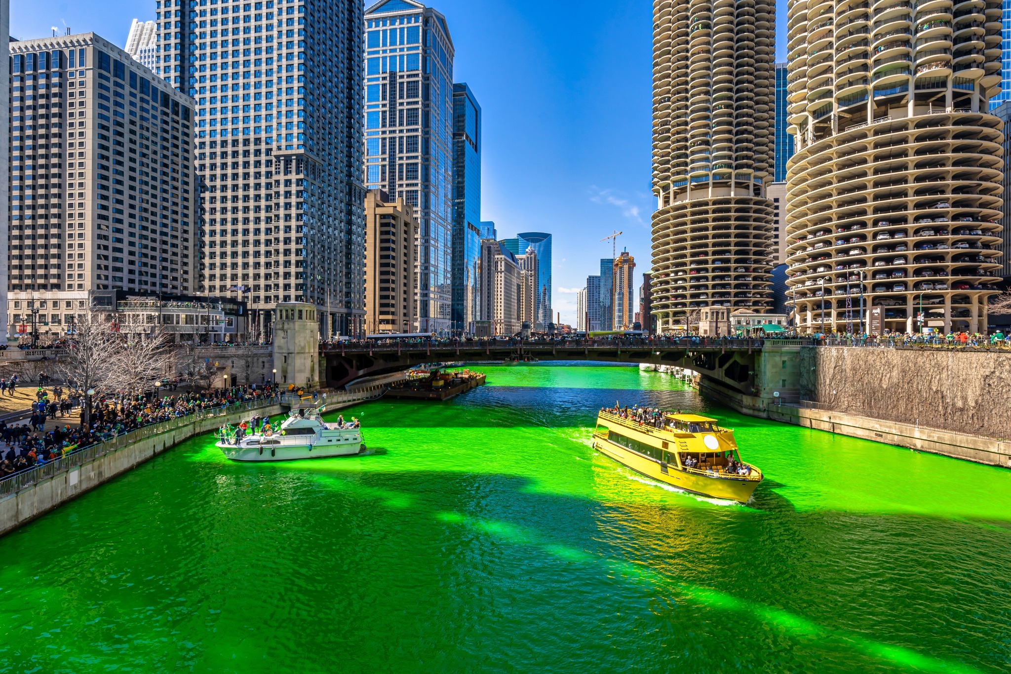 The Chicago river dyed green to celebrate St. Patrick's Day