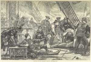 A black and white illustration of Scottish men on a pirate ship.