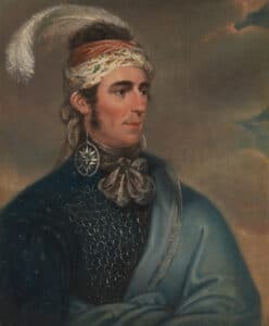painting showcases a man donning a striking feathered headdress. painting showcases a man donning a striking feathered headdress.