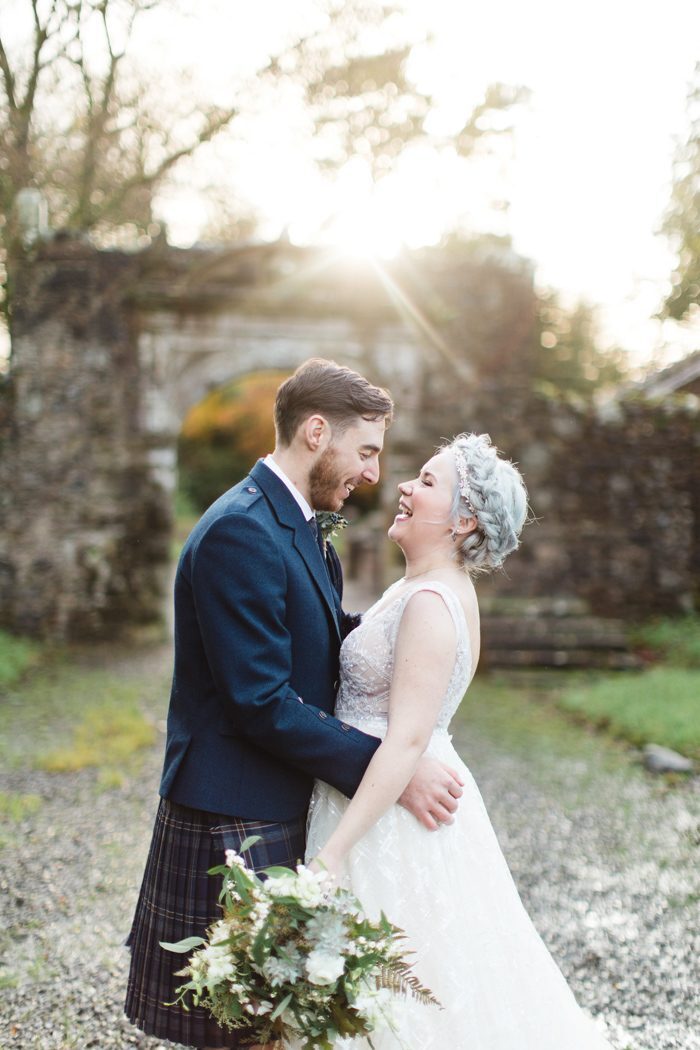 Bride and Groom Wearing a Kilt at Wedding in Scotland