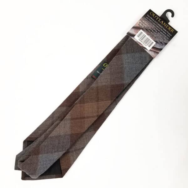 A new OUTLANDER Necktie Authentic Premium Wool Tartan in a brown checked pattern on a hanger against a white background.