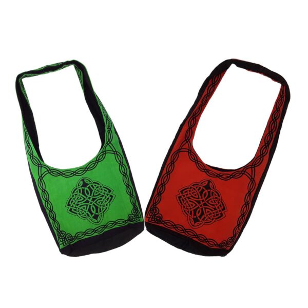 Two Celtic Knot Book Bags with green and red designs.
