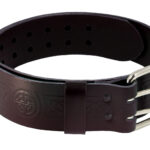 The Celtic Knot Utility Belt and Buckle, a coiled dark brown leather belt featuring embossed designs and a double-pronged metal buckle, exemplifies superior craftsmanship.