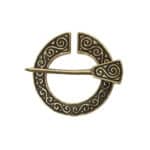 The Dal Riata Brooch is a decorative bronze accessory featuring intricate swirling designs and an arrow-shaped pin.