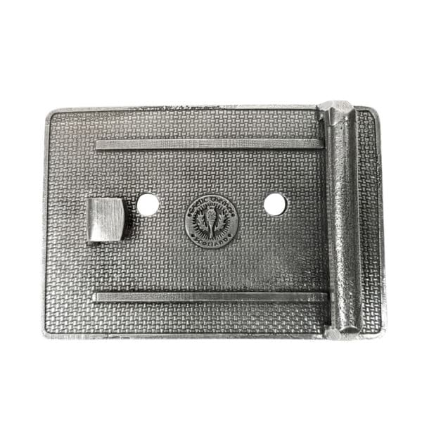 Sentence with Product Name: A silver metal wallet with textured surface featuring a celtic buckle emblem of the great seal of Oklahoma in the center.