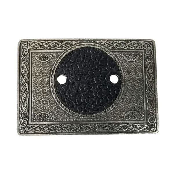 Decorative metal switch plate cover with clan crest patterns and a central textured black circle.
Product Name: Rectangular Pewter Belt Buckle