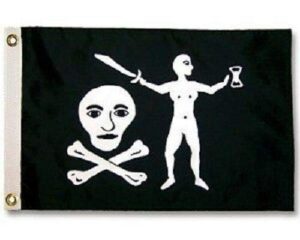 A black and white pirate flag with a skull and crossbones, representing the fearless nature of pirates.