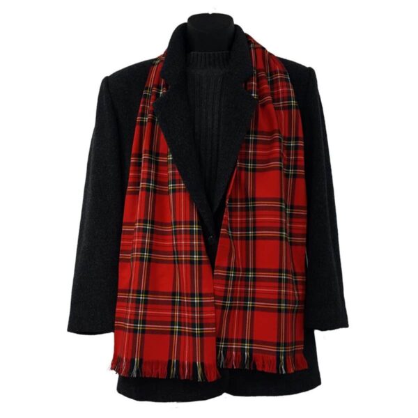 A red and black Tartan Scarf - Wool Free displayed on a mannequin.