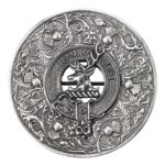 A silver Clan Crest Thistle Pewter Plaid Brooch adorned with a deer, perfect as a clan crest brooch for your Scottish plaid.