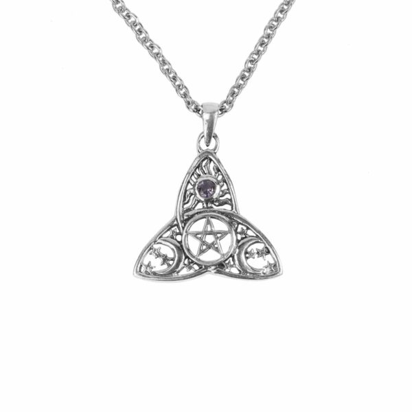 A Sun and Moon Pentagram Triquetra sterling silver necklace with an amethyst stone.