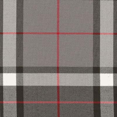 A close up of a grey and red Thomson Grey Modern PV Tartan REMNANT fabric.