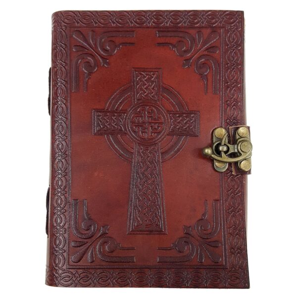 A Leather-Bound Celtic Cross Journal - Old Display made of brown leather.