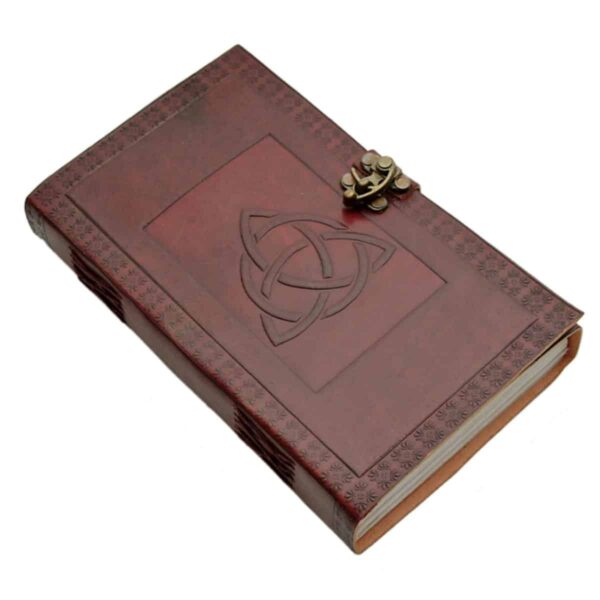 A brown Leather-Bound Triquetra Journal - Old Display with a celtic knot on it.