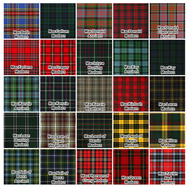 Scottish tartan color chart for Homespun Wool Blend tartan names Mac B through Mac T