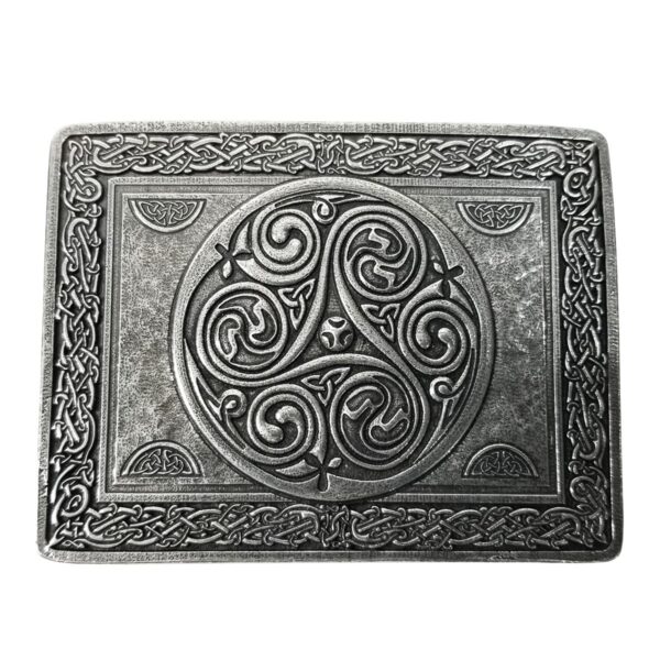 A silver Celtic Spiral Pewter Kilt Belt Buckle with an intricate design.