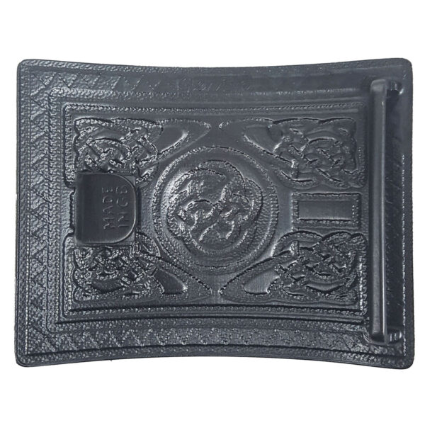 Description: A black belt with a Highland Swirl Antiqued Kilt Belt Buckle and an antiqued finish.