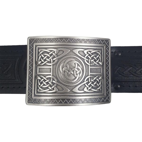 An Antiqued black belt with a Highland Swirl Antiqued Kilt Belt Buckle celtic design on it.