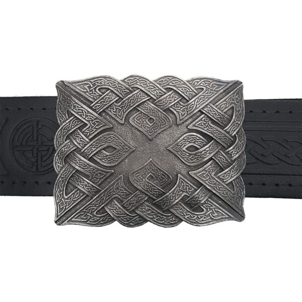 A black belt with a celtic design and the Don McKee Celtic Knot Kilt Belt Buckle.