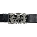 A black belt with the Don McKee Thistle Kilt Belt Buckle.