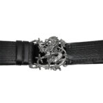 A black leather belt with the Don McKee Pewter Lion Kilt Belt Buckle featuring a lion.