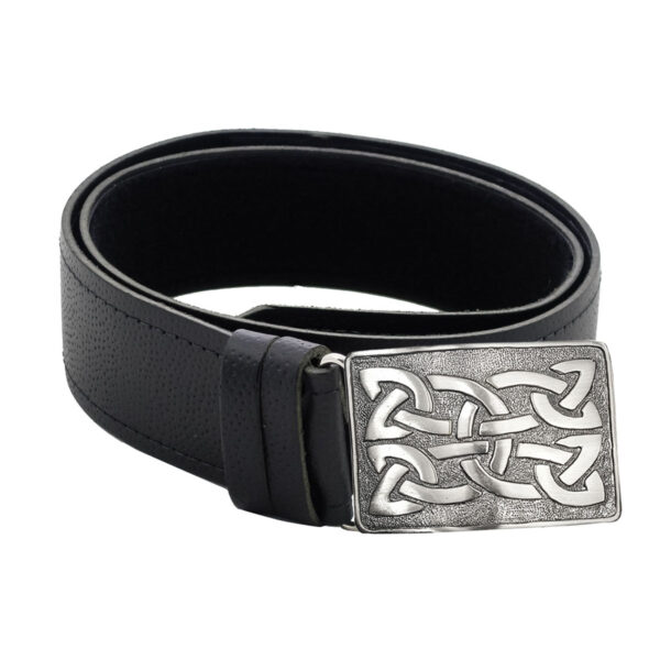 A black leather belt with a celtic knot, made of Quality Pebble Grain Leather Kilt Belt.
