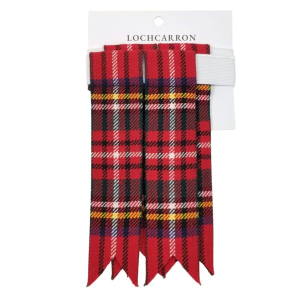 A pair of Stewart Royal Heavy Weight Premium Wool Tartan Flashes in a Stewart Royal pattern, featuring a classic combination of red and black.
