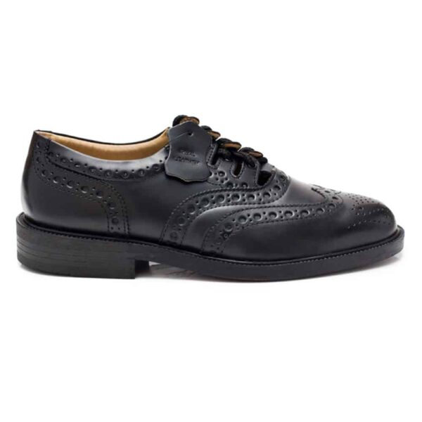 A black Leather Sole Ghillie brogue oxford shoe with a leather sole on a white background.
