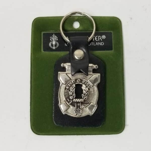 An Arthur Art Pewter Clan Crest Key Fob with a leather strap.
