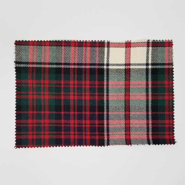 A MacDonald Dress Modern Medium Weight Premium Wool Tartan Swatch with a red and green plaid fabric on a white surface.