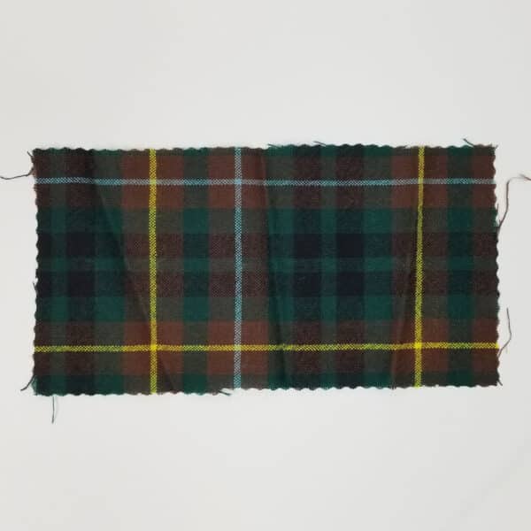 A Buchanan Hunting Modern Spring Weight Premium Wool Tartan Swatch with green, yellow and brown hues on a white surface.