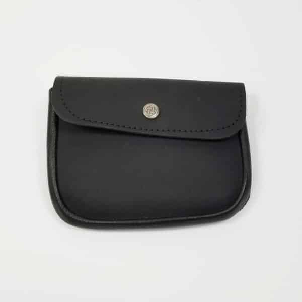 A black leather wallet on a white surface, resembling the Large Quality Leather Utility Belt Pouch - Old Display.