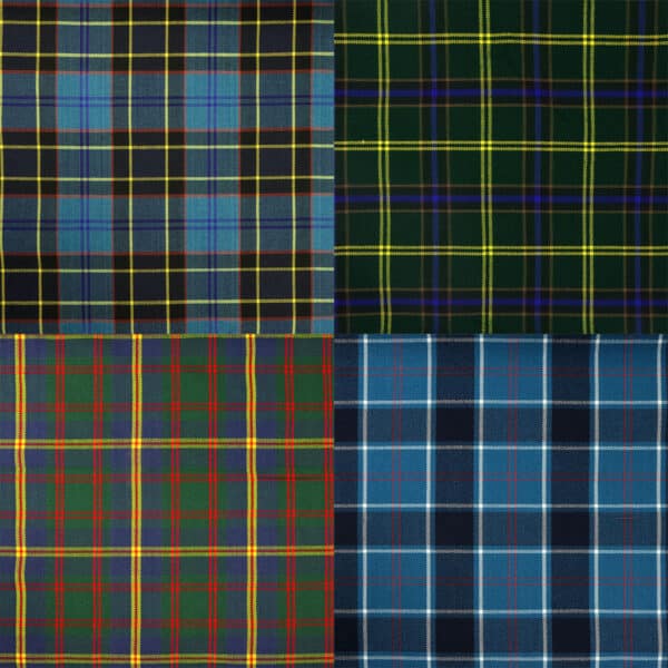 A selection of various tartan patterns, including the U.S. Air Force Homespun Wool Blend Tartan Fabric, with different color schemes.