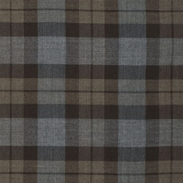 A close up of a grey and brown plaid Outlander Poly/Viscose Tartan Billie-Style Mini Skirt fabric.