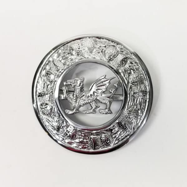 Silver Welsh Dragon Plaid Brooch with intricate patterns.