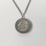 MacQuarrie Clan Crest Necklace with a Celtic knot design on a chain, displayed on a white background.