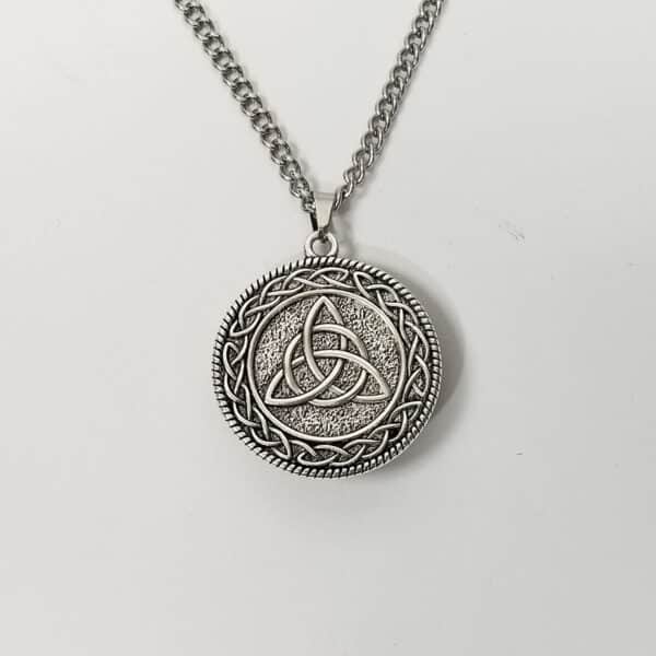 MacQuarrie Clan Crest Necklace with a Celtic knot design on a chain, displayed on a white background.