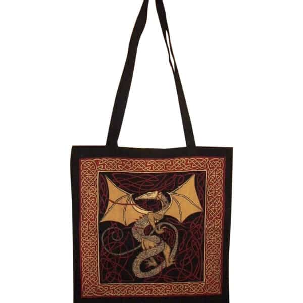 Celtic Dragon shopping bag with a detailed celtic dragon design in white on a gold and black background, bordered by intricate red knots.