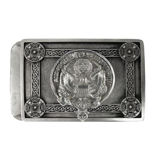 Rectangular metal belt buckle featuring a prominent eagle emblem in the center with intricate designs and four circular ornate accents in the corners, reminiscent of a U.S. Army Pewter Kilt Belt Buckle.