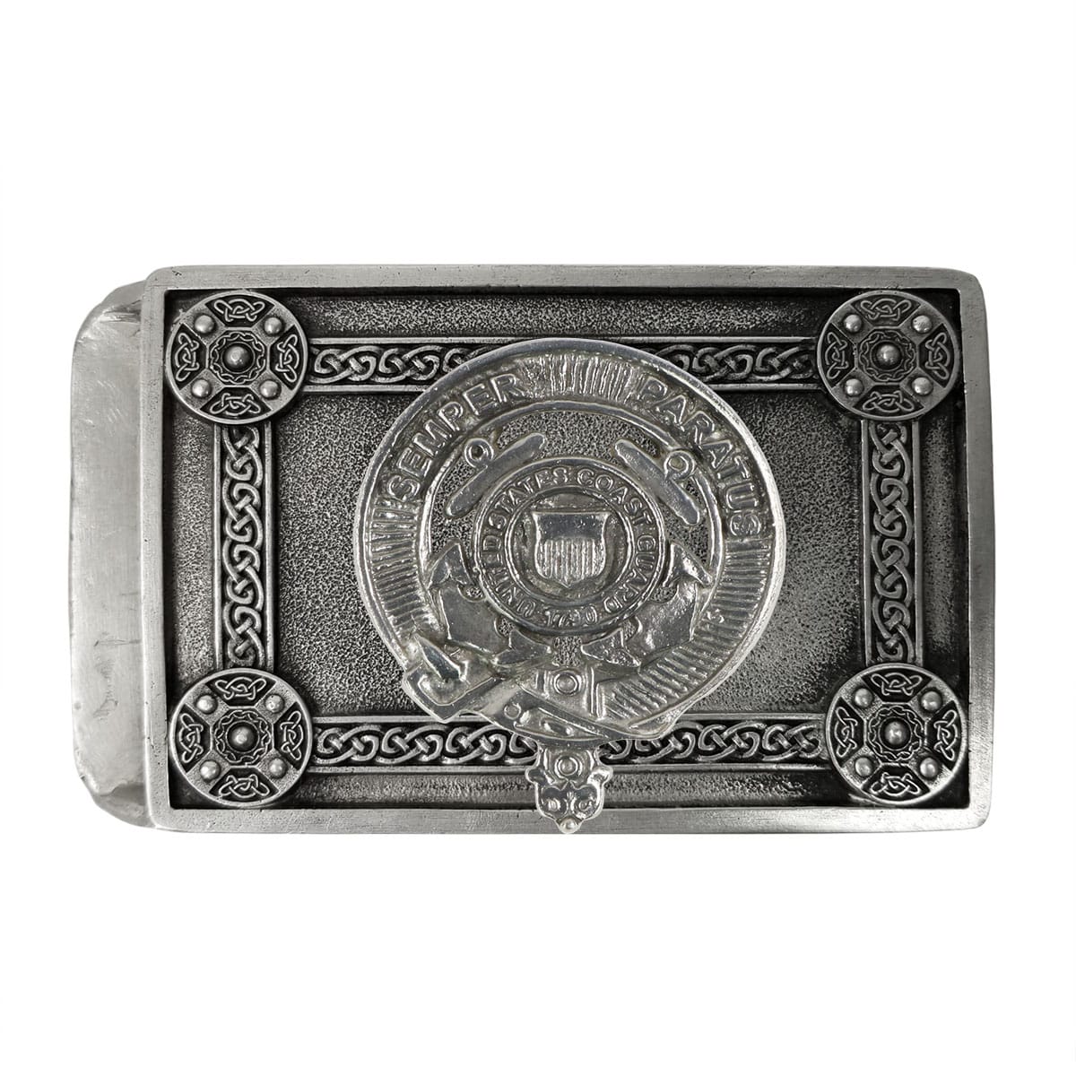The **U.S. Army Pewter Kilt Belt Buckle** is a rectangular silver object with intricate designs and a circular emblem at the center that reads "Semper Paratus" around a shield with stars and a key. It features four decorative round elements at the corners.