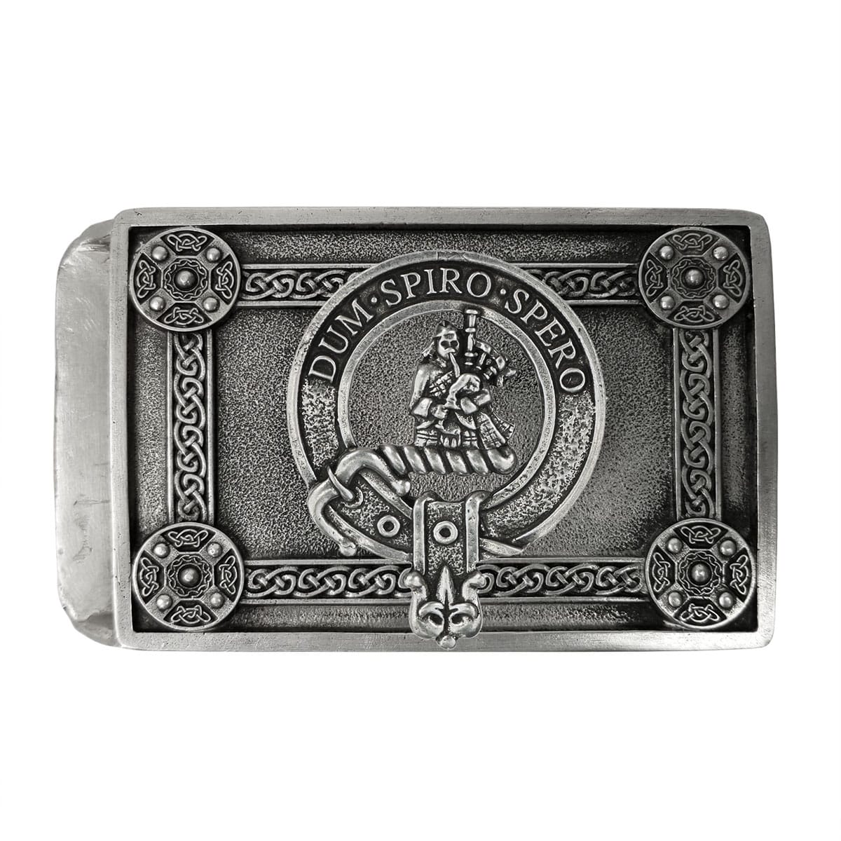 A rectangular metal Clan Crest Celtic Knot Kilt Belt Buckle with an ornate design featuring a knight on horseback and the Latin phrase "Dum Spiro Spero" inscribed in a circular border, reminiscent of a clan crest.