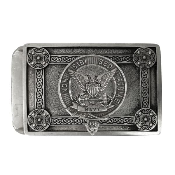 Silver rectangular belt buckle with an embossed US Navy emblem at the center. The motto "Non Sibi Sed Patriae" encircles the emblem, and decorative details embellish the border, reminiscent of a U.S. Army Pewter Kilt Belt Buckle's sturdy design.