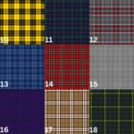A grid of nine different Tartan Scottie Dog Ornament patterns, each with a number from 10 to 18. Patterns include combinations of red, blue, green, yellow, black, gray, white, and purple.