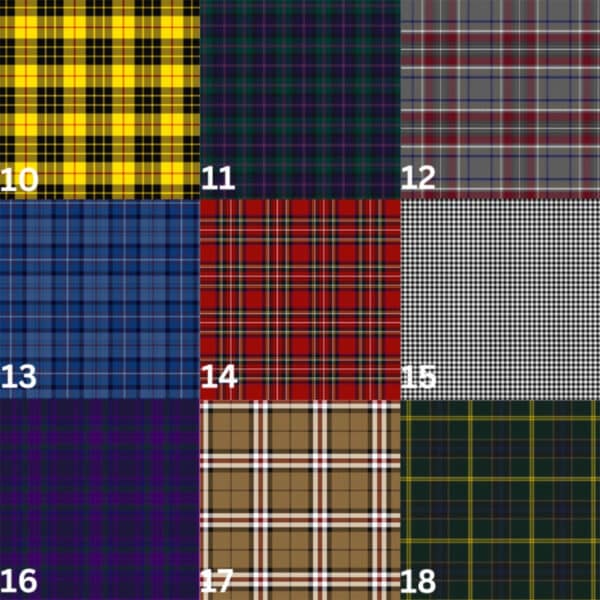 A grid of nine different Tartan Scottie Dog Ornament patterns, each with a number from 10 to 18. Patterns include combinations of red, blue, green, yellow, black, gray, white, and purple.
