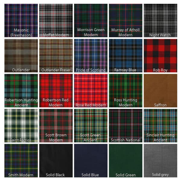 A grid of various tartan patterns, each labeled with a different name, including Morrison Green, Pride of Scotland, Rob Roy, Scottish National, and others, followed by solid color swatches.