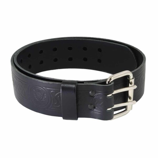 A Thistle Utility Belt and Buckle with silver buckles.