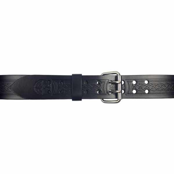 A high-quality black leather Celtic Knot Utility Belt and Buckle adorned with an ornate buckle in Celtic Knot design.