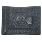 An ornate black Highland Serpent Antiqued Kilt Belt Buckle with a Highland design.